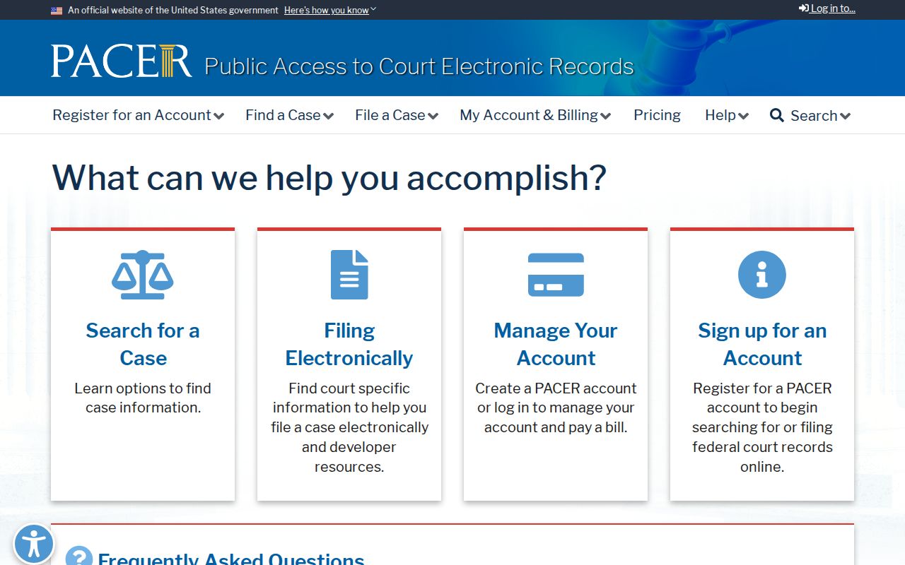PACER federal court record access page